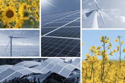 Ecologic energy collage with solar cell, windmill, sunflowers, and rapeseed flowers